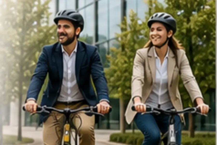 Colleagues cycling together near a modern workplace