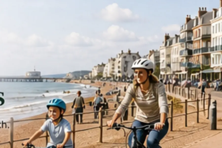 A family cycling along the Sussex seafront